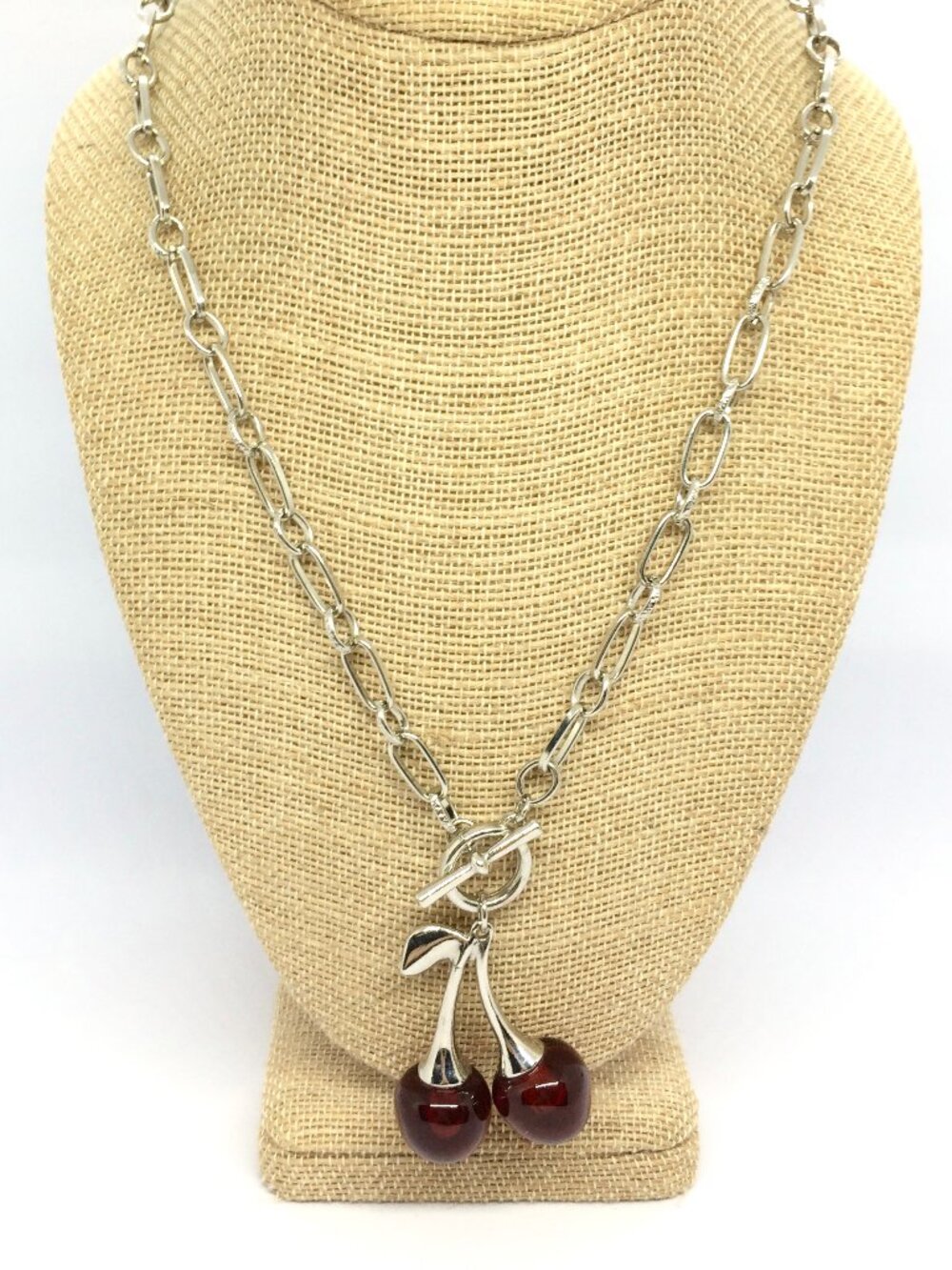 VINTAGE CHERRY NECLACE Silver Tone Red Cherries Toggle Chain Y2k 90s Cute Charm